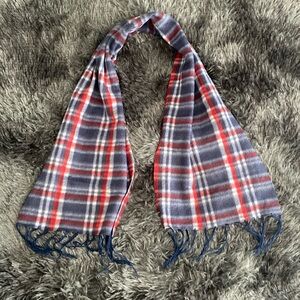 Red, blue, and white fringe plaid scarf